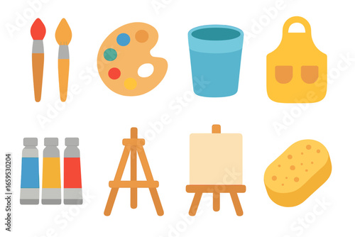Kids' Painting Toolkit. Flat vector mini-illustrations painting tools for beginners in colors children's