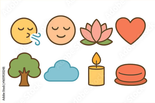 Kids' Relaxation Icons. Flat vector mini-illustrations Relaxation and breathing exercises in colors children's