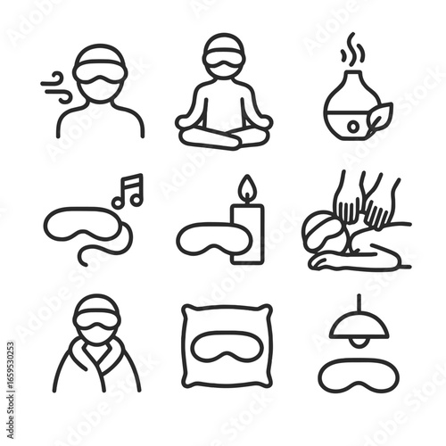 Relaxation Icon Set. Outline icon set of eye mask relaxation techniques: deep breathing, meditation pose, aromatherapy, gentle