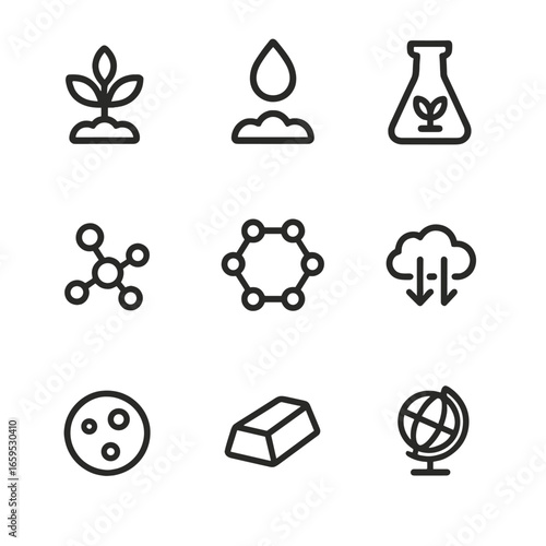 Soil Nutrients Icons. Outline icon set of soil nutrients: nitrogen, phosphorus, potassium, calcium, magnesium, sulfur, iron, zinc,