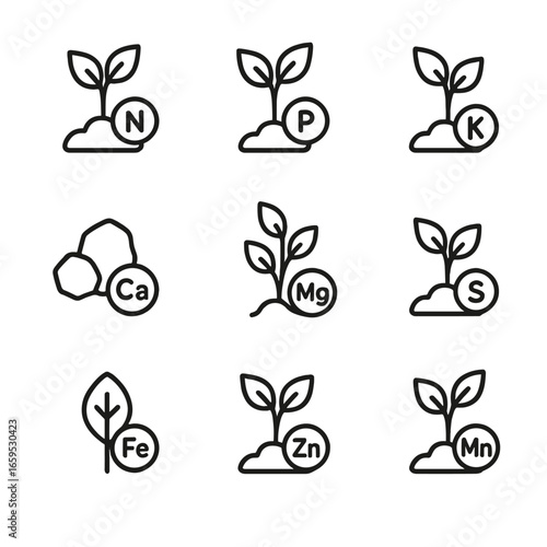 Soil Nutrients Icons. Outline icon set of soil nutrients: nitrogen, phosphorus, potassium, calcium, magnesium, sulfur, iron, zinc,