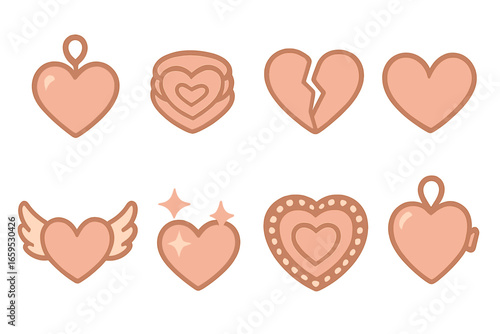 Rose Gold Heart Icons. Flat vector mini-illustrations rose gold themed hearts in colors children's illustrations: rose gold heart