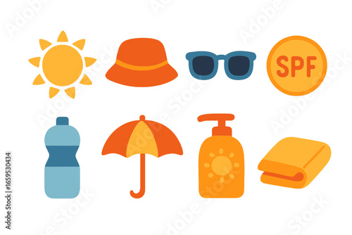 Kids' Sun Essentials. Flat vector mini-illustrations sun protection for kids in colors children's