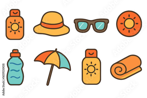 Kids' Sun Essentials. Flat vector mini-illustrations sun protection for kids in colors children's