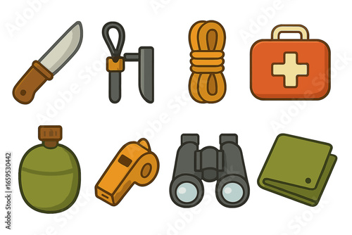 Kids' Survival Gear. Flat vector mini-illustrations Wilderness survival gear in colors children's