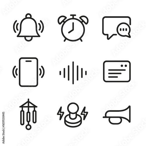Sound Alert Icons. Outline icon set of sound alerts: ringing bell, alarm sound, notification pop-up, vibration, audio waves,