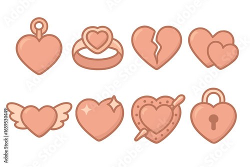 Rose Gold Heart Icons. Flat vector mini-illustrations rose gold themed hearts in colors children's illustrations: rose gold heart