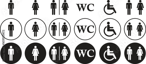 WC icon flat set. Toilet, restroom, man and woman, bathroom, disabled, dumpster, toilet paper, infant - stock vector.