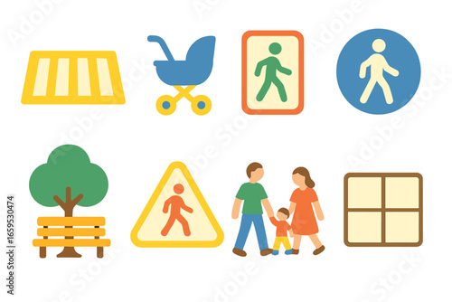 Kids' Traffic Icons. Flat vector mini-illustrations Pedestrian-first transit zones in colors children's