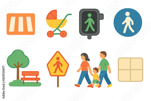 Kids' Traffic Icons. Flat vector mini-illustrations Pedestrian-first transit zones in colors children's