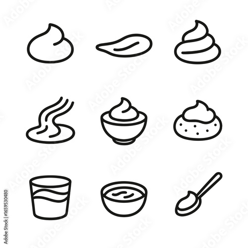 Sour Cream Icons. Outline icon set of sour cream serving styles: dollop, spread, swirl, drizzle, dip, topping, layered, mixed,