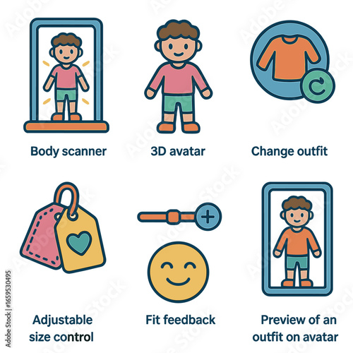 Kids' Virtual Fitting Room. Flat vector mini-illustrations Online fitting room tools in colors children's