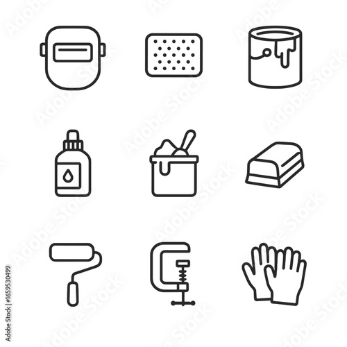Rust Repair Tools Icons. Outline icon set of rust repair: welding mask, metal patch, primer paint, rust converter, metal filler,