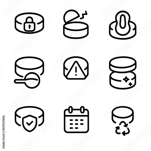Safety Cap Icons. Outline icon set of cap usage safety: childproof lock, tamper evident seal, allergen warning, dosage indicator,