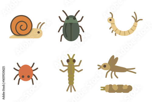 Lake Creatures Icons. Flat vector mini-illustrations small lake creatures in colors children's illustrations: