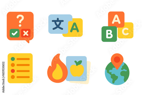 Language Learning Icons. Flat vector mini-illustrations language learning apps in colors children's