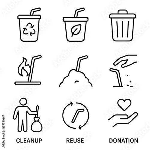 Straw Disposal Icons. Outline icon set of straw disposal methods: recycling bin, compost bin, trash can, incineration, landfill,
