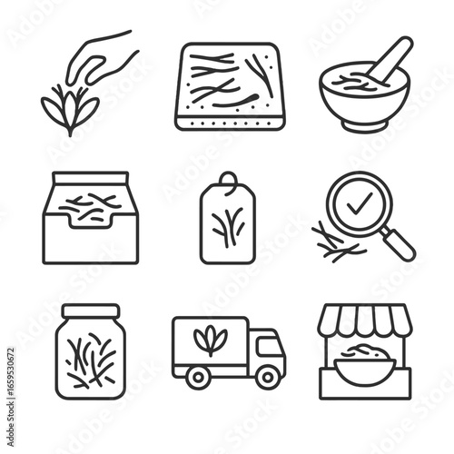 Saffron Processing Icons. Outline icon set of saffron processing: picking stigmas, drying threads, grinding powder, packaging,