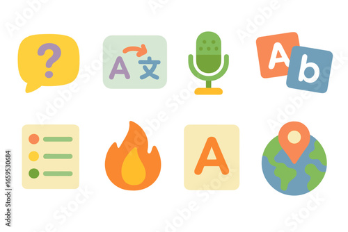 Language Learning Icons. Flat vector mini-illustrations language learning apps in colors children's
