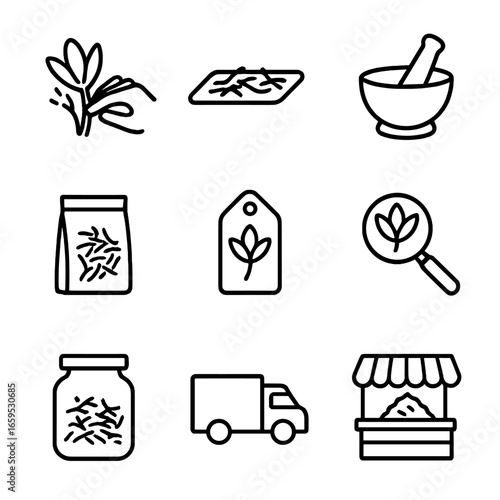 Saffron Processing Icons. Outline icon set of saffron processing: picking stigmas, drying threads, grinding powder, packaging,