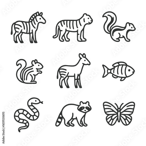 Striped Animals Icons. Outline icon set of striped animals: zebra, tiger, skunk, chipmunk, okapi, striped fish, striped snake,