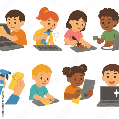 Laptop Cleaning Icons. Flat vector mini-illustrations cleaning a laptop in colors children's illustrations: