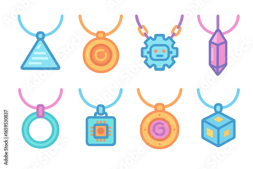 Sci-Fi Necklaces Grid. Flat vector mini-illustrations sci-fi necklaces in colors children's illustrations: hologram pendant,