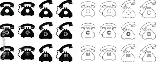 Old telephone icons set in flat and line styles. Collection and group of vintage rotary phone, retro communication device, antique handset and classic telephone symbol for contact and call.