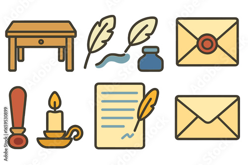 Letter Writing Icons. Flat vector mini-illustrations letter writing process in colors children's illustrations