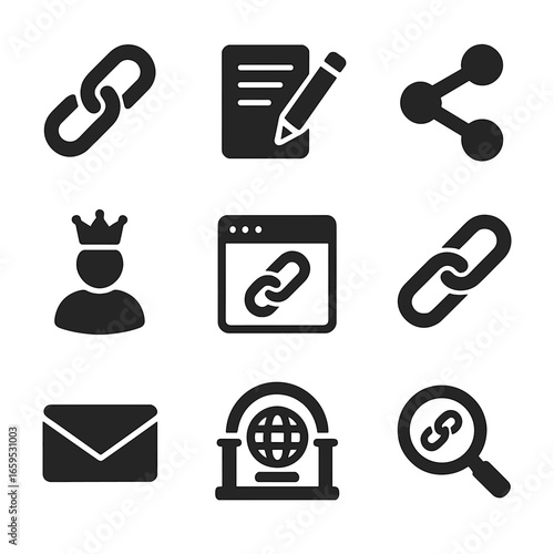 Link Building Icons. Solid, filled icons set of link building strategies: link chain, guest post, social share