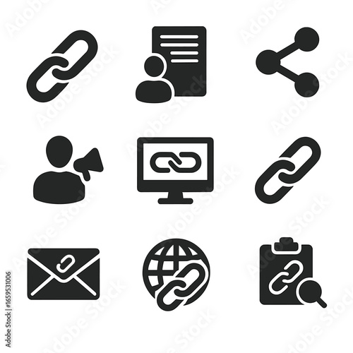 Link Building Icons. Solid, filled icons set of link building strategies: link chain, guest post, social share