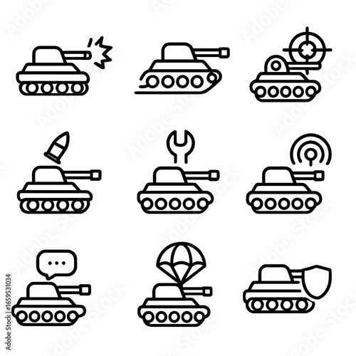 Tank Operations Icon Set. Outline icon set of tank operations: tank firing, tank moving, tank aiming, tank loading, tank repairing