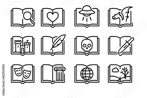 Literature Genre Icons. Outline vector icons of literature genres: mystery, romance, science fiction, fantasy,