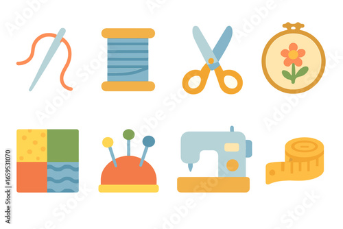 Textile Tools Grid. Flat vector mini-illustrations textile craftsmanship in colors children's illustrations: sewing needle, thread