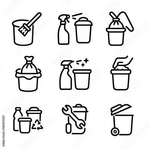 Trash Can Icon Set. Outline icon set of trash can maintenance: cleaning brush, deodorizer, trash bag replacement, bin liner,