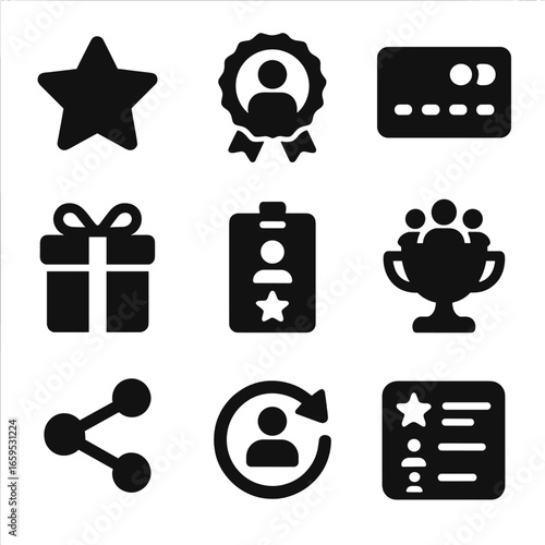 Loyalty Program Icons. Solid, filled icons set of loyalty and advocacy programs: loyalty star, referral badge,