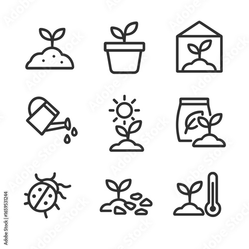 Seedling Growth Icons. Outline icon set of seedling growth environment: soil, pot, greenhouse, watering can, sunlight, fertilizer,