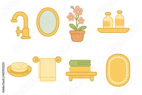 Luxury Bathroom Elements. Flat vector mini-illustrations luxury bathroom touches in colors children's