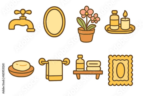 Luxury Bathroom Elements. Flat vector mini-illustrations luxury bathroom touches in colors children's