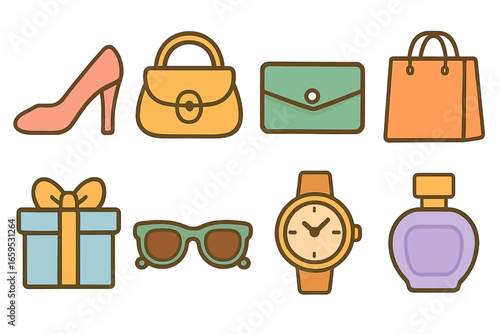 Luxury Store Elements. Flat vector mini-illustrations luxury store displays in colors children's illustrations