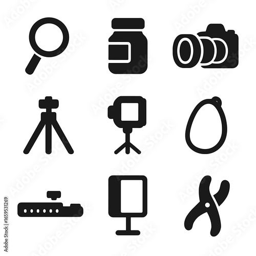 Macro Photography Icons. Solid, filled icons set of macro product photography: magnifying glass, small product