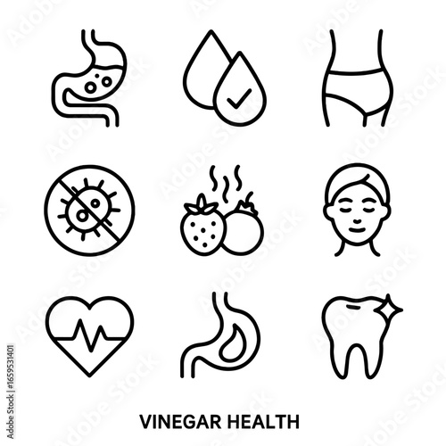 Vinegar Health Icons. Outline icon set of vinegar health benefits: digestion, blood sugar control, weight loss, antimicrobial,