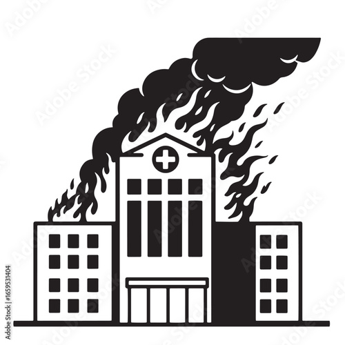 Illustration of a hospital building on fire with flames and emergency symbol