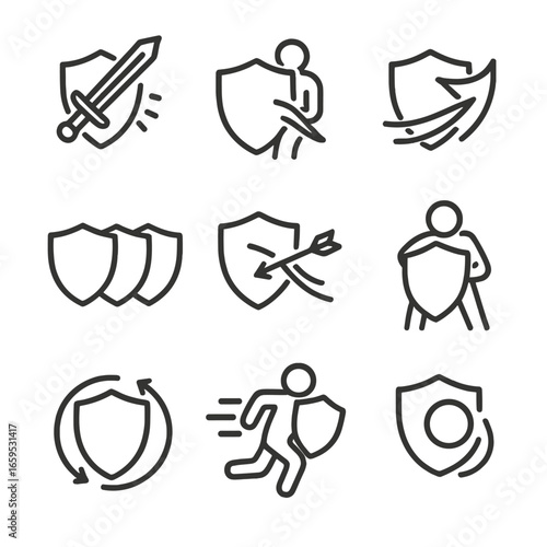 Shield Defense Icons. Outline icon set of shield defense mechanisms: shield block, shield bash, shield parry, shield wall, shield
