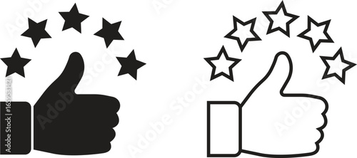 Thumb up with five stars icons set in flat and line styles. Collection and group of rating, positive feedback, customer satisfaction, best quality review, approval and success evaluation symbols.