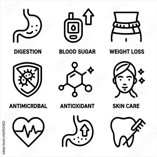 Vinegar Health Icons. Outline icon set of vinegar health benefits: digestion, blood sugar control, weight loss, antimicrobial,