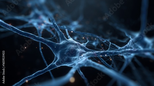 Close-up view of neurons in action 3d visualization in neurobiology research
