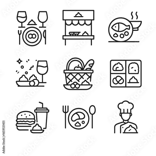 Wasabi Icon Set. Outline icon set of wasabi consumption occasions: dinner table, sushi restaurant, home meal, party, picnic, bento