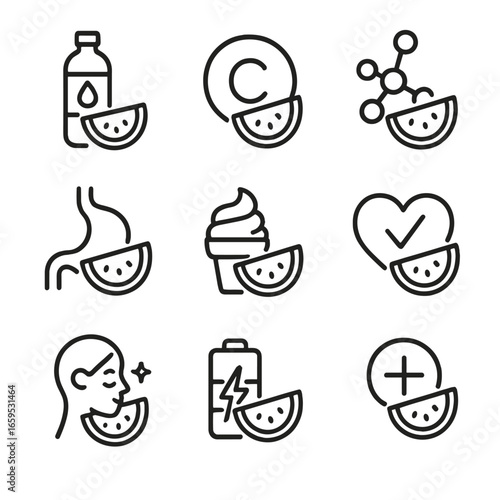Watermelon Health Icons. Outline icon set of watermelon health benefits: hydration, vitamin C, antioxidants, digestion aid, low