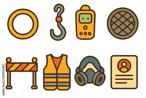 Manhole Safety Icons. Flat vector mini-illustrations Manhole access and safety in colors children's